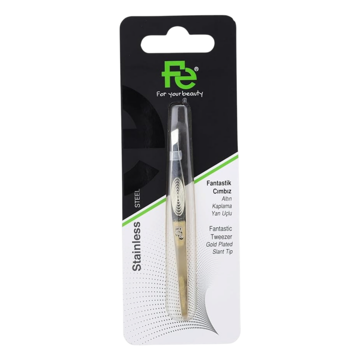 Said Salem Fe Stainless Fantastic gold-plated slant tip tweezers in retail packaging for precise eyebrow grooming.