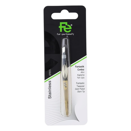 Said Salem Fe Stainless Fantastic gold-plated slant tip tweezers in retail packaging for precise eyebrow grooming.