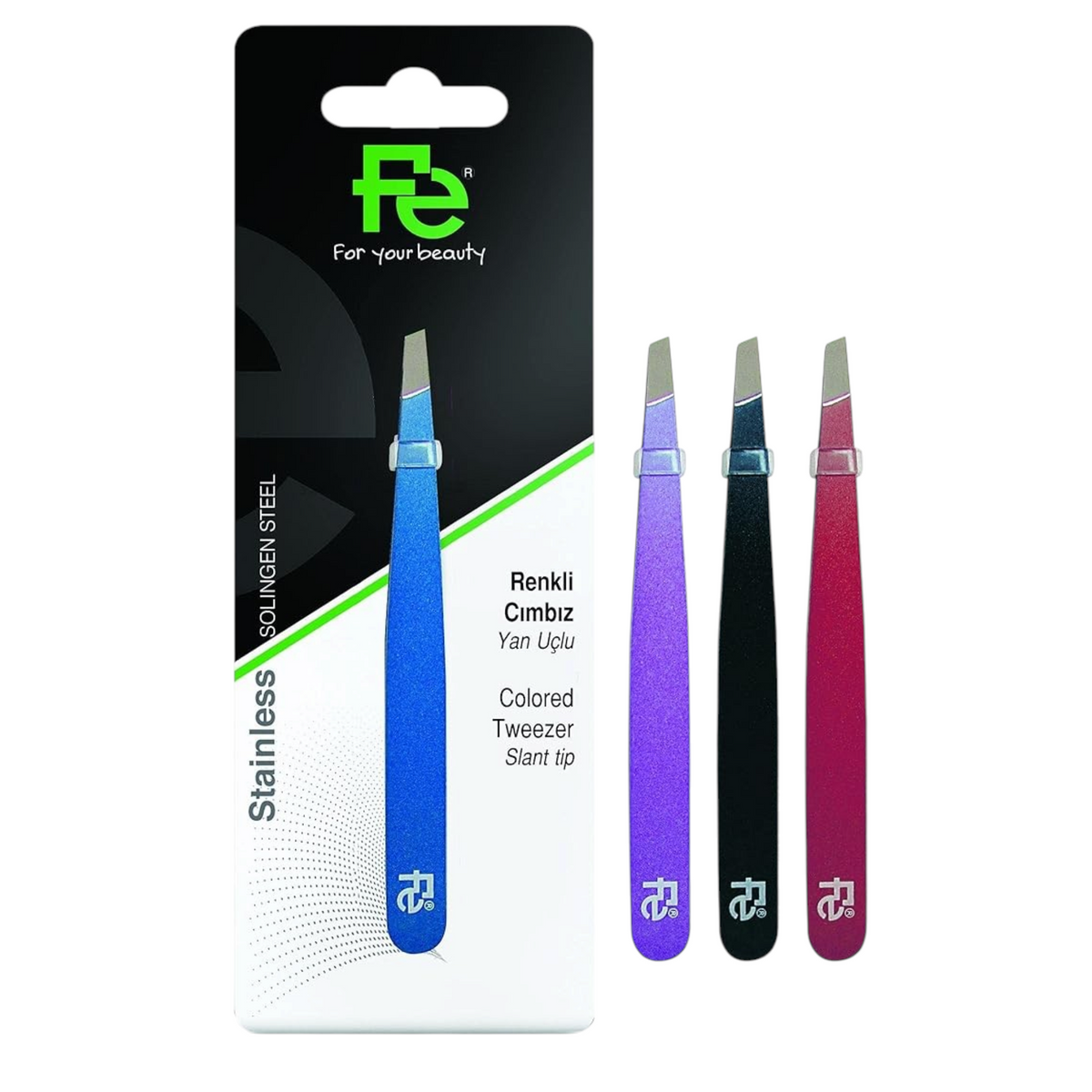 Said Salem Fe Color Tweezers 9522 set featuring four slant tip stainless steel tweezers in vibrant assorted colors.