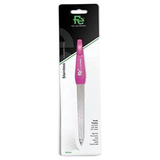 Said Salem FE medium sapphire nail file with a pink ergonomic handle and stainless steel surface in retail packaging.