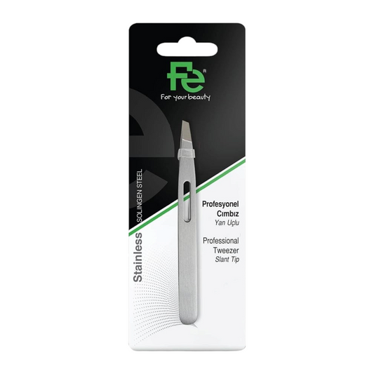 Said Salem Fe professional slant tip tweezers made of brushed Solingen stainless steel for precise brow grooming.