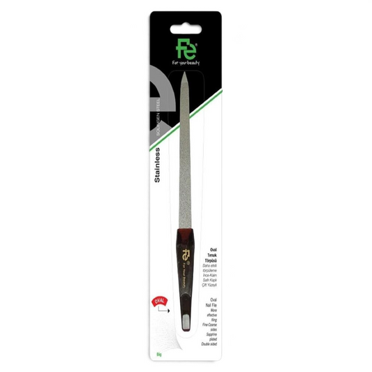 Said Salem Fe stainless steel nail file with a sapphire-plated surface and ergonomic handle in retail packaging.