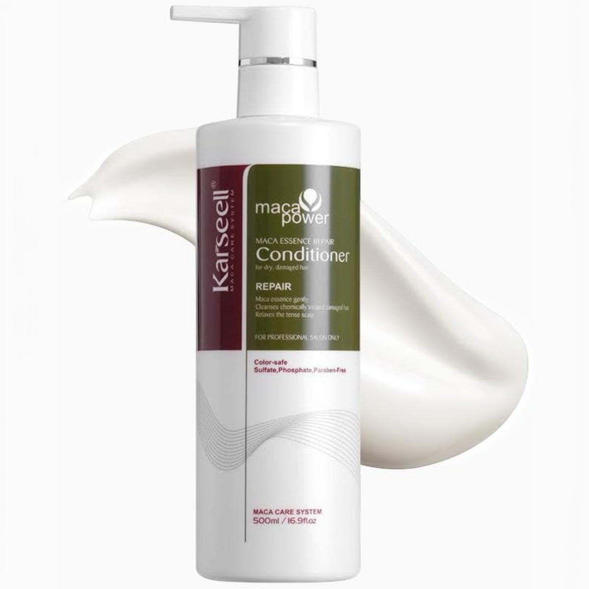Said Salem Karseell Power Essence anti-hair loss conditioner in a 500ml pump bottle with Maca essence for damaged hair.