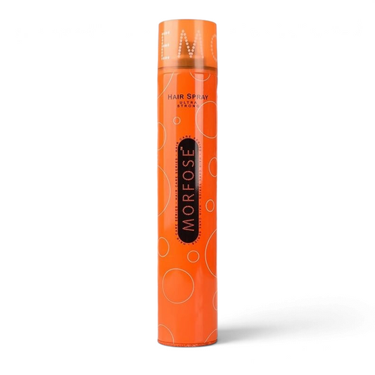Said Salem MORFOSE Ultra Strong hair spray in a 400ml orange aerosol can with a smiling woman in the background