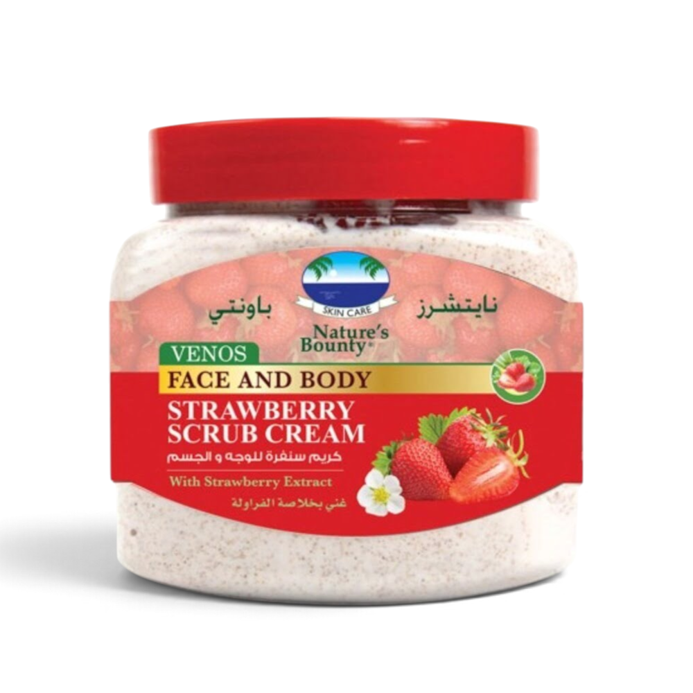 Said Salem Nature's Bounty strawberry face and body scrub cream in a 300ml jar for exfoliating and smoothing skin.