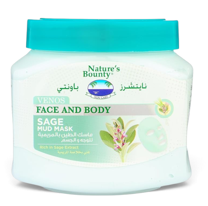 Said Salem Nature's Bounty Sage Mud Mask in a 560ml jar for face and body, featuring a teal lid and sage illustration.