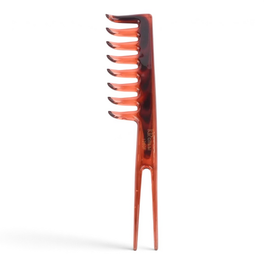Said Salem KR-Wide Tooth Comb 1260F in a tortoiseshell finish with a long tail for sectioning and detangling hair.