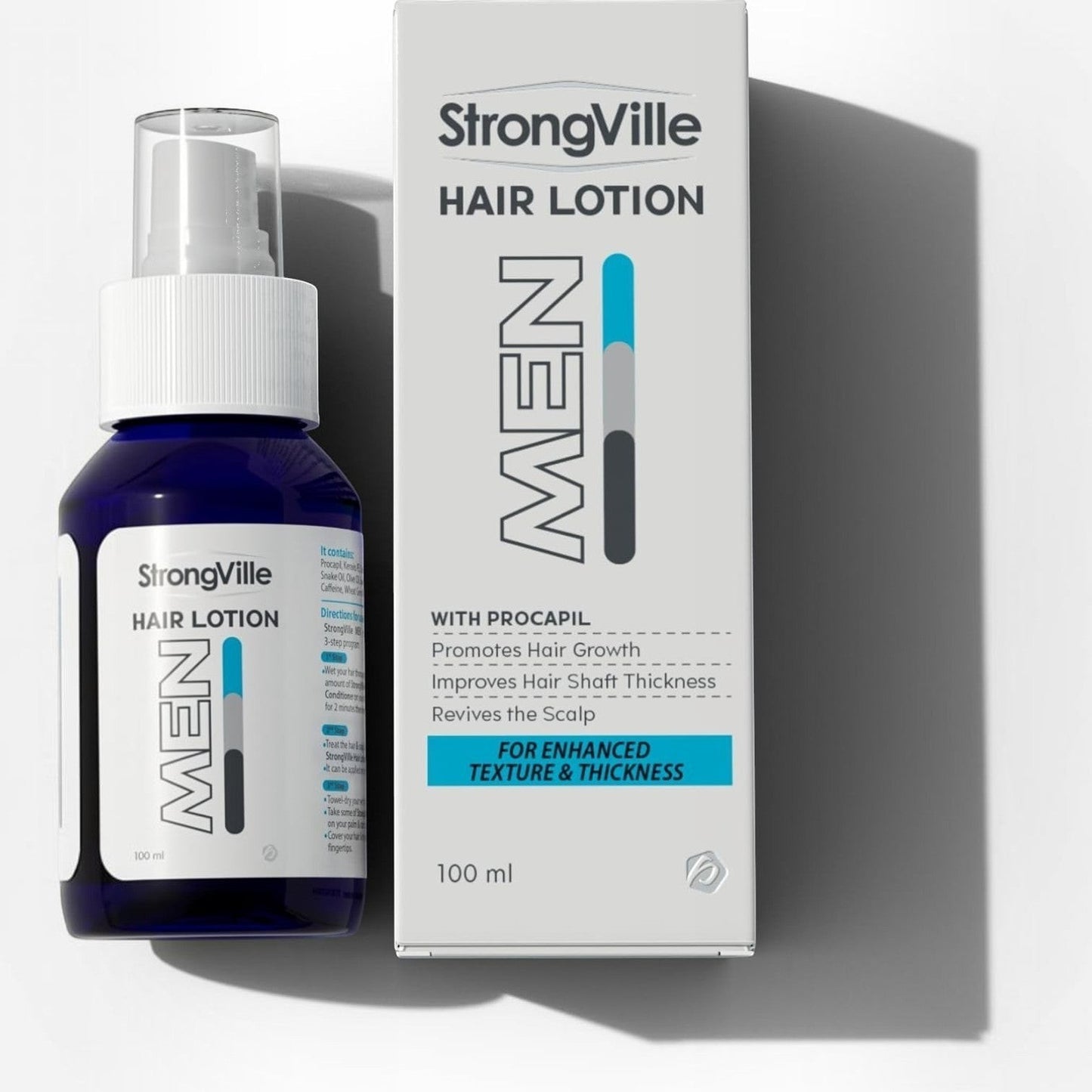 Said Salem Strongville Men hair lotion spray bottle and box for hair growth, thickness, and scalp health.