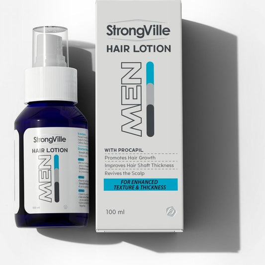 Said Salem Strongville Men hair lotion spray bottle and box for hair growth, thickness, and scalp health.