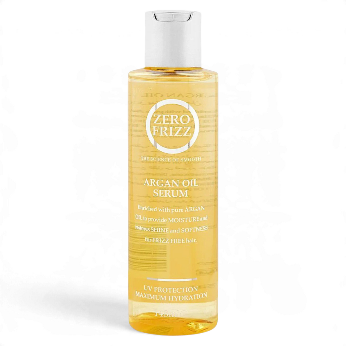 Said Salem Zero Frizz Argan Oil Serum in a 148ml clear bottle for smoothing hair and providing UV protection.