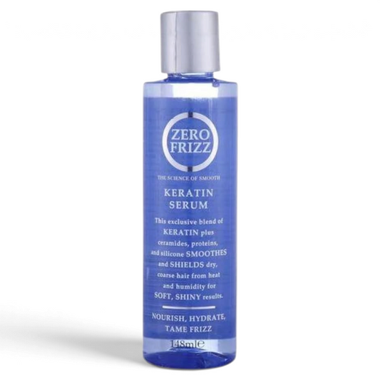 Said Salem Zero Frizz Keratin Hair Serum in a 148ml blue bottle for smoothing and hydrating dry, coarse hair.