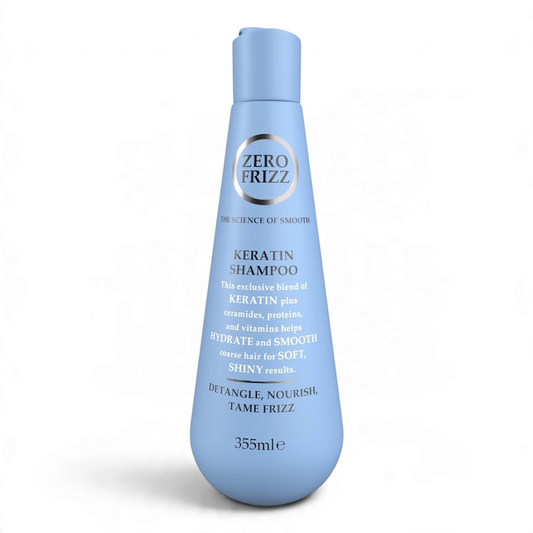 Said Salem Zero Frizz Keratin Shampoo in a light blue 355ml bottle designed to hydrate and smooth frizzy hair.