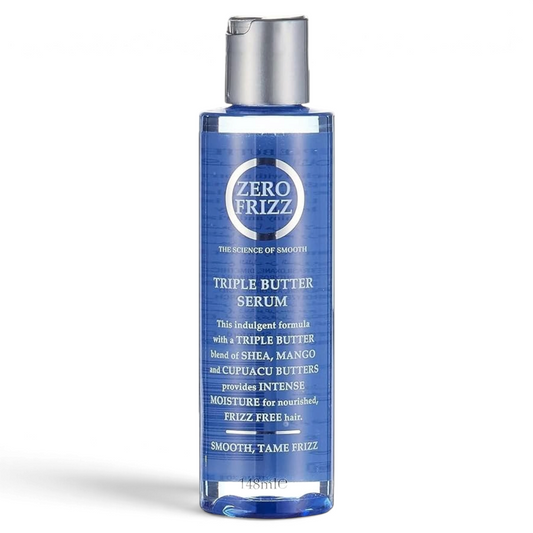 Said Salem Zero Frizz Triple Butter Hair Serum in a 148ml blue bottle for smoothing and hydrating hair.
