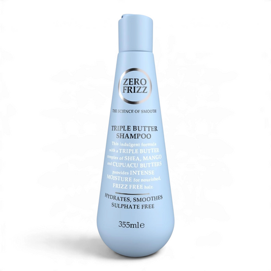 Said Salem Zero Frizz Triple Butter Shampoo in a light blue bottle for smoothing and hydrating hair.