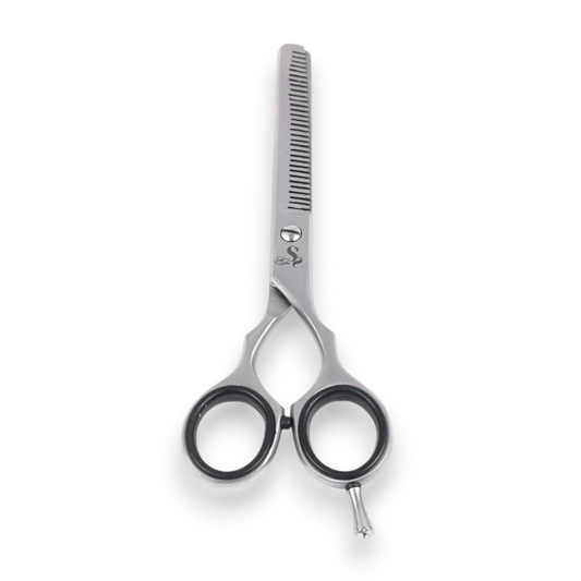 Said Salem 6-inch Pakistani thinning hair scissors with silver stainless steel finish and black finger inserts