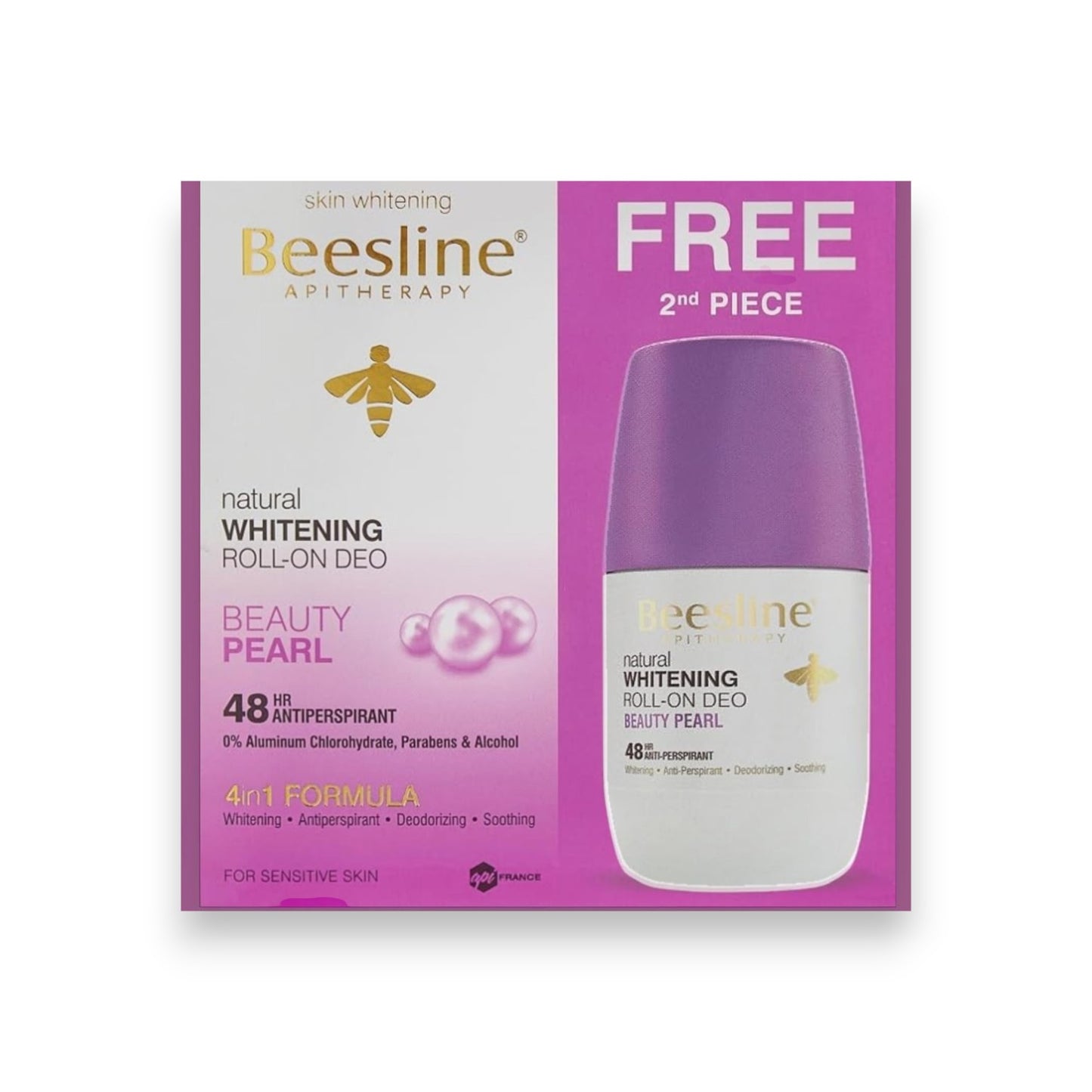Said Salem Beesline Beauty Pearl whitening roll-on deodorant 1+1 free pack with 48-hour antiperspirant protection.