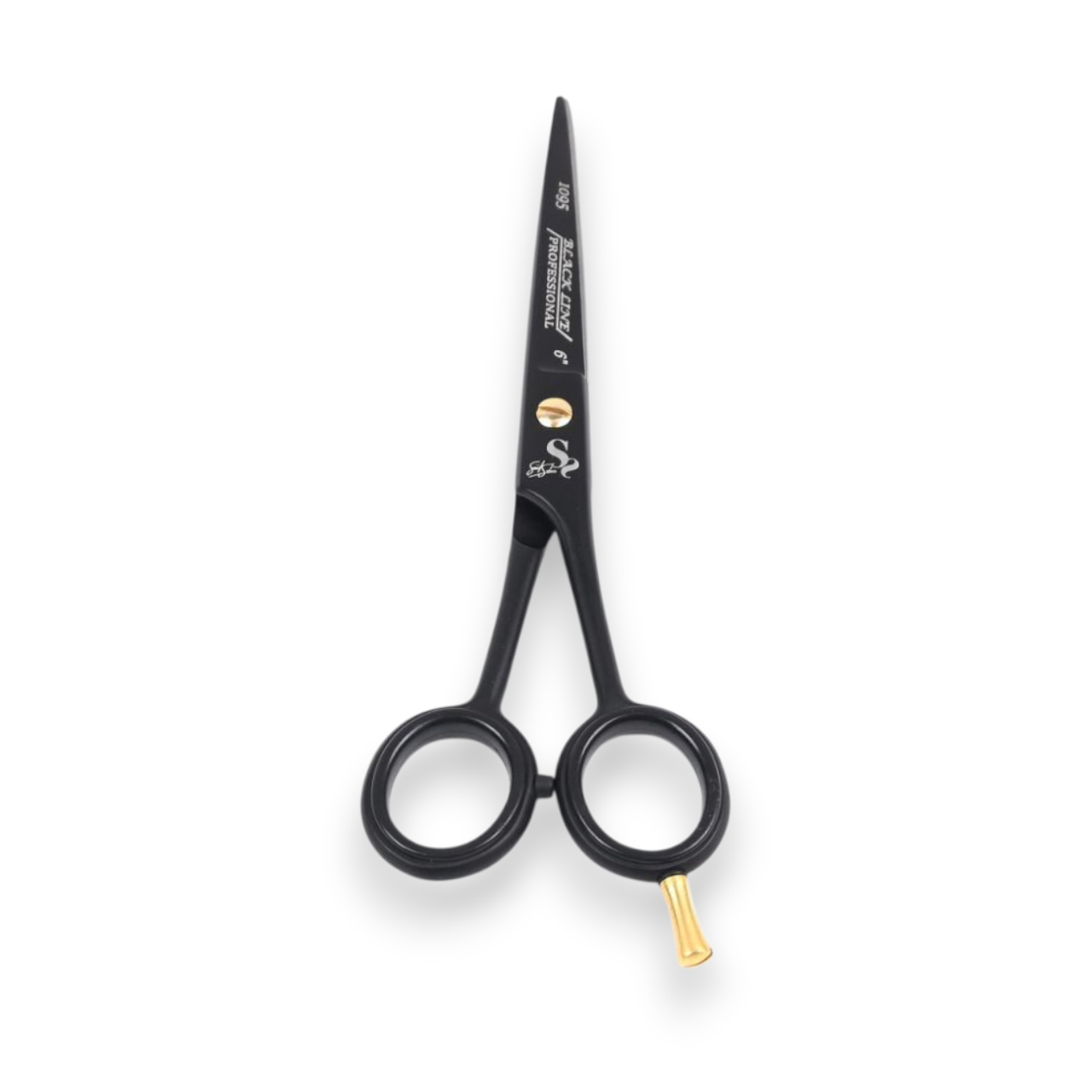 Said Salem 6-inch professional hair cutting scissors in matte black 1095 carbon steel with gold accent screw