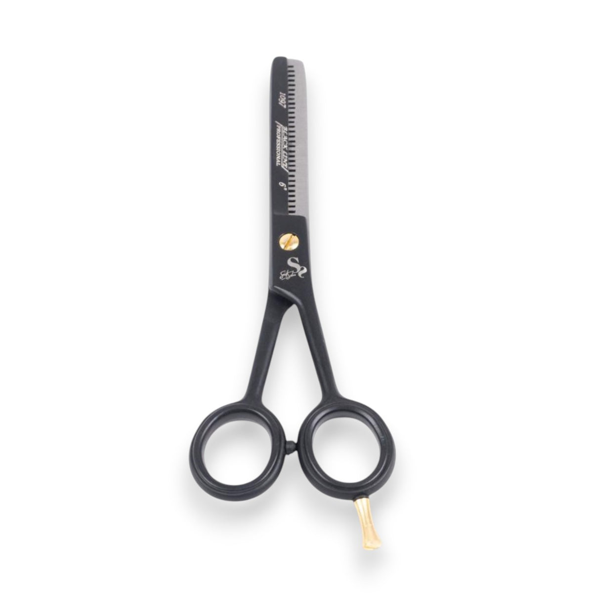 Said Salem 6-inch professional thinning scissors in matte black stainless steel with gold accents and finger rest.