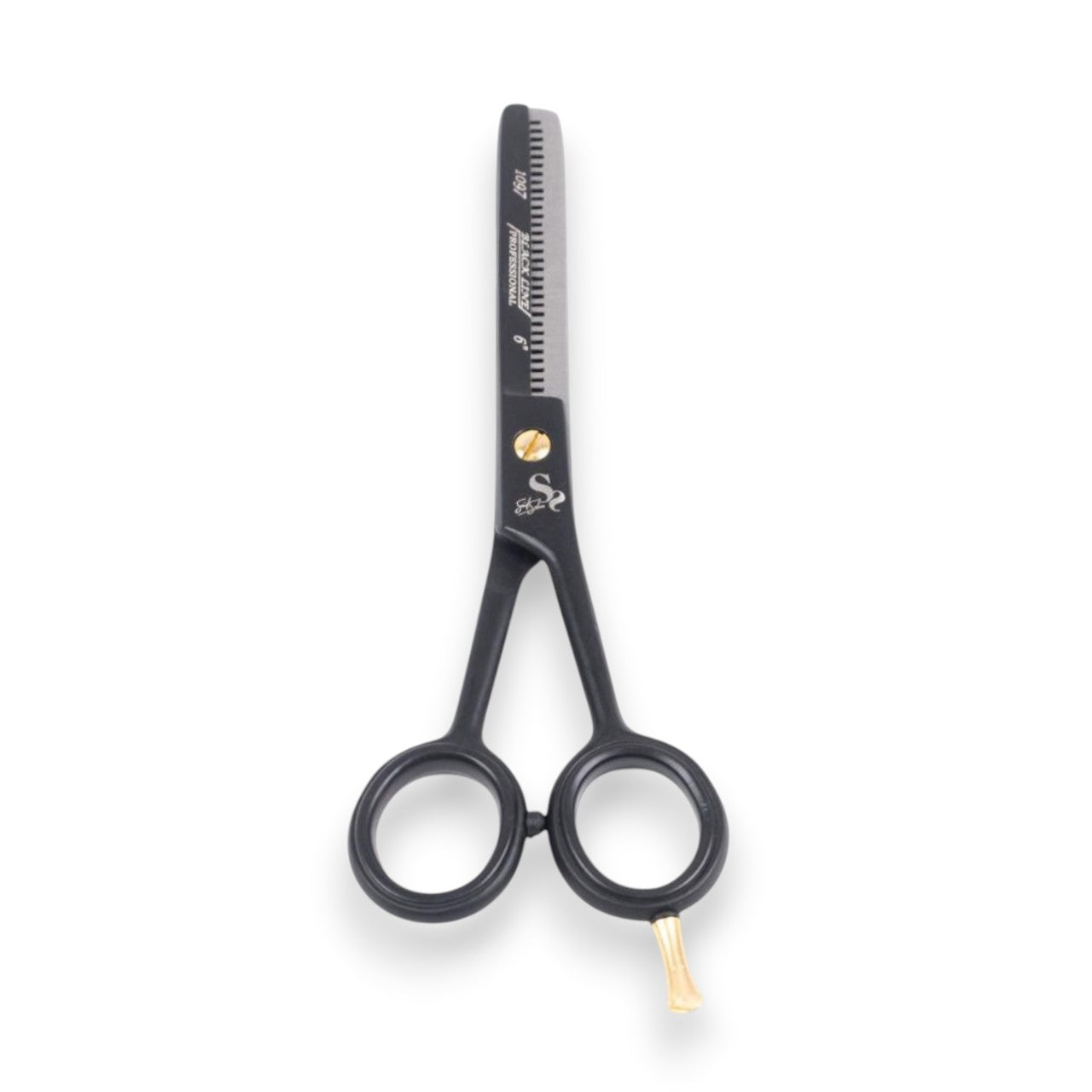 Said Salem 6-inch professional thinning scissors in matte black stainless steel with gold accents and finger rest.