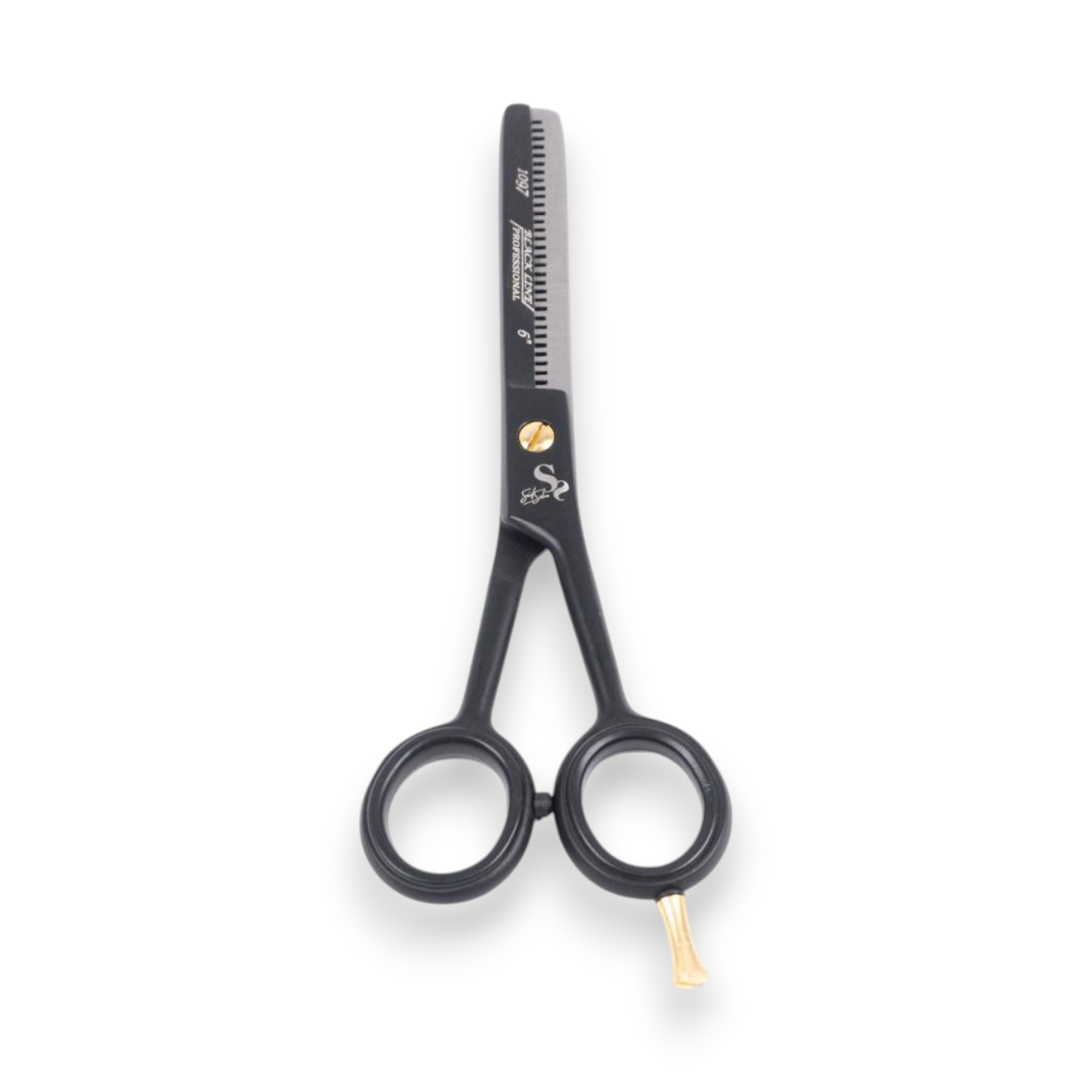 Said Salem 6-inch professional stainless steel thinning scissors in matte black with gold accents