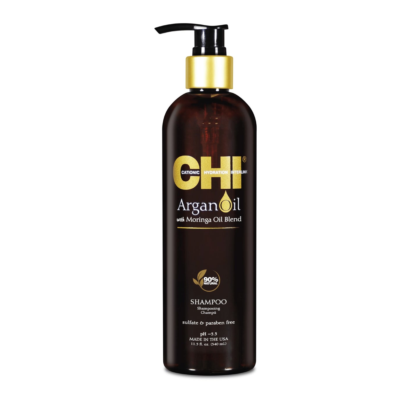 Said Salem CHI Argan Oil shampoo in a 12 oz brown bottle with a gold pump dispenser for hair hydration.
