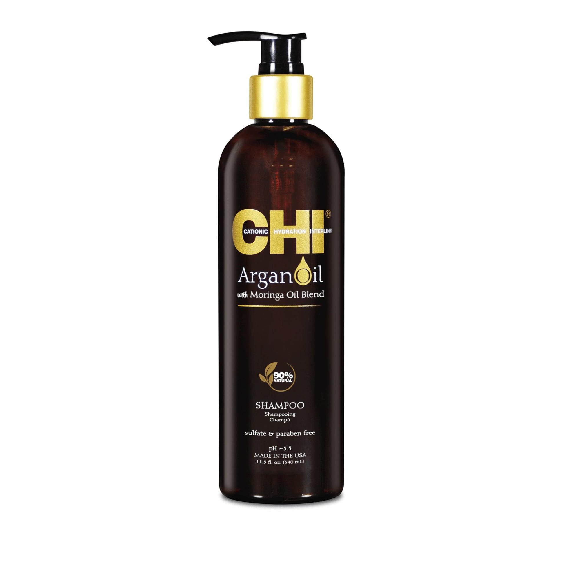 Said Salem CHI Argan Oil shampoo in a 12 oz brown bottle with a gold pump dispenser for hair hydration.