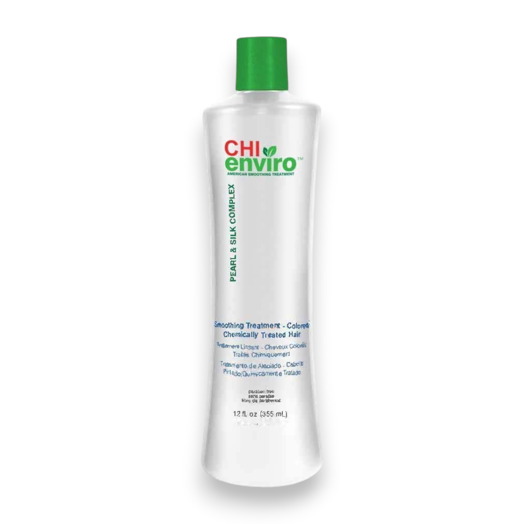 Said Salem CHI Enviro American Smoothing Treatment for color-treated hair in a 355ml white bottle with a green cap.