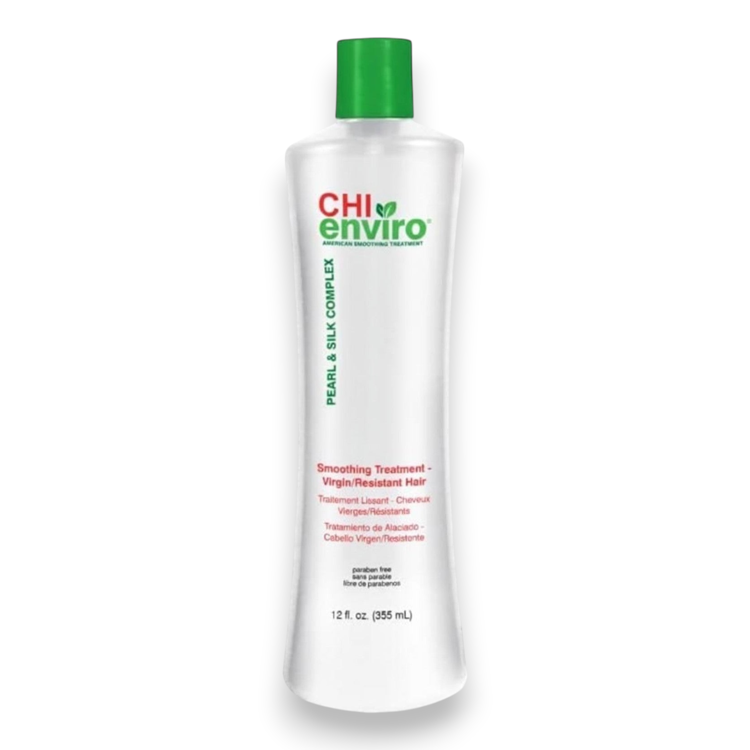 Said Salem CHI Enviro American Smoothing Treatment for virgin and resistant hair in a 355ml white bottle with green cap.