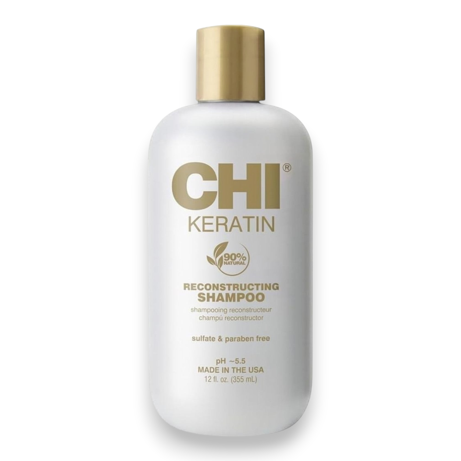 Said Salem CHI Keratin Reconstructing Shampoo in a 355ml white bottle with a gold cap for damaged hair repair.