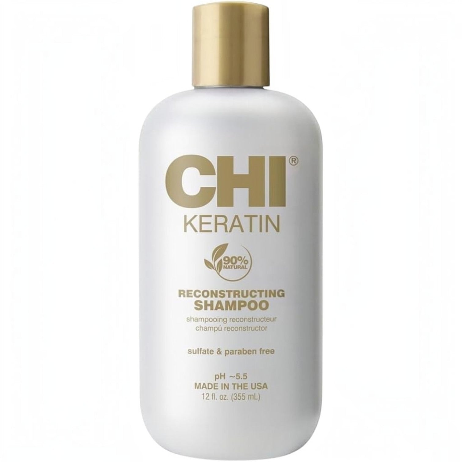 Said Salem CHI Keratin Reconstructing Shampoo 355ml bottle with gold cap and white label for hair repair.