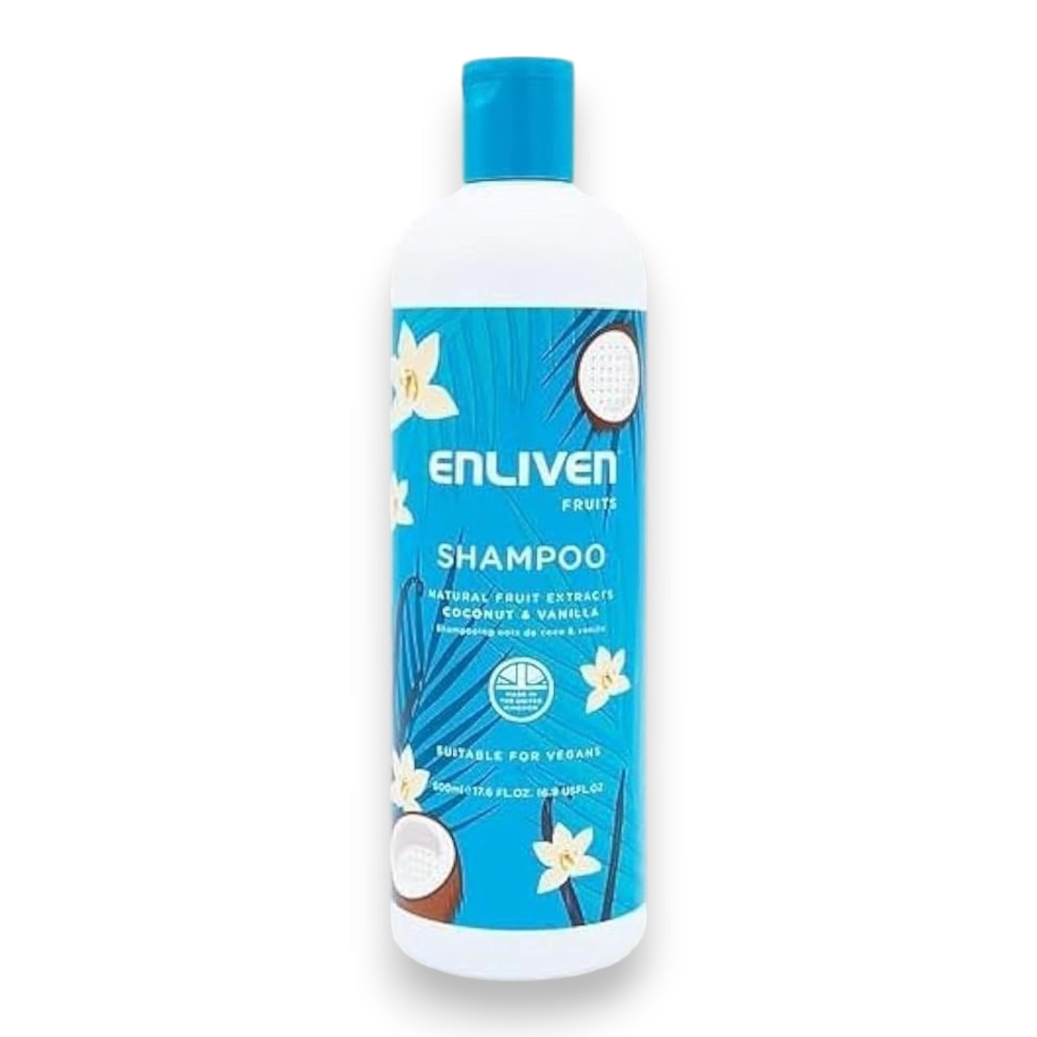 Said Salem Enliven Coconut and Vanilla shampoo in a 500ml bottle with blue tropical label and flip-top cap
