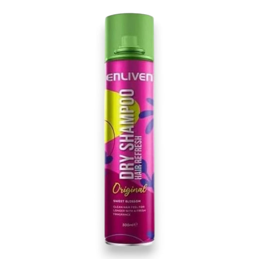 Said Salem Enliven Original dry shampoo spray in a 300ml pink and green bottle with a sweet blossom fragrance.