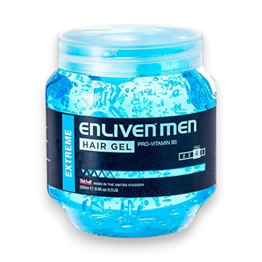 Said Salem Enliven Hair Gel Extreme 250ml in a clear tub with bright blue styling gel and Pro-Vitamin B5 formula.