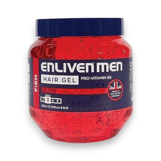 Said Salem Enliven Men firm hold hair gel in a 250ml red transparent jar with Pro-Vitamin B5 formula.