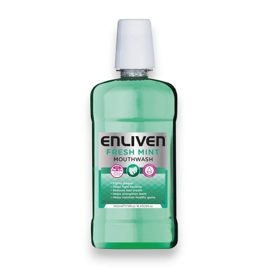 Said Salem Enliven Freshmint alcohol-free mouthwash in a 500ml green plastic bottle for daily oral hygiene