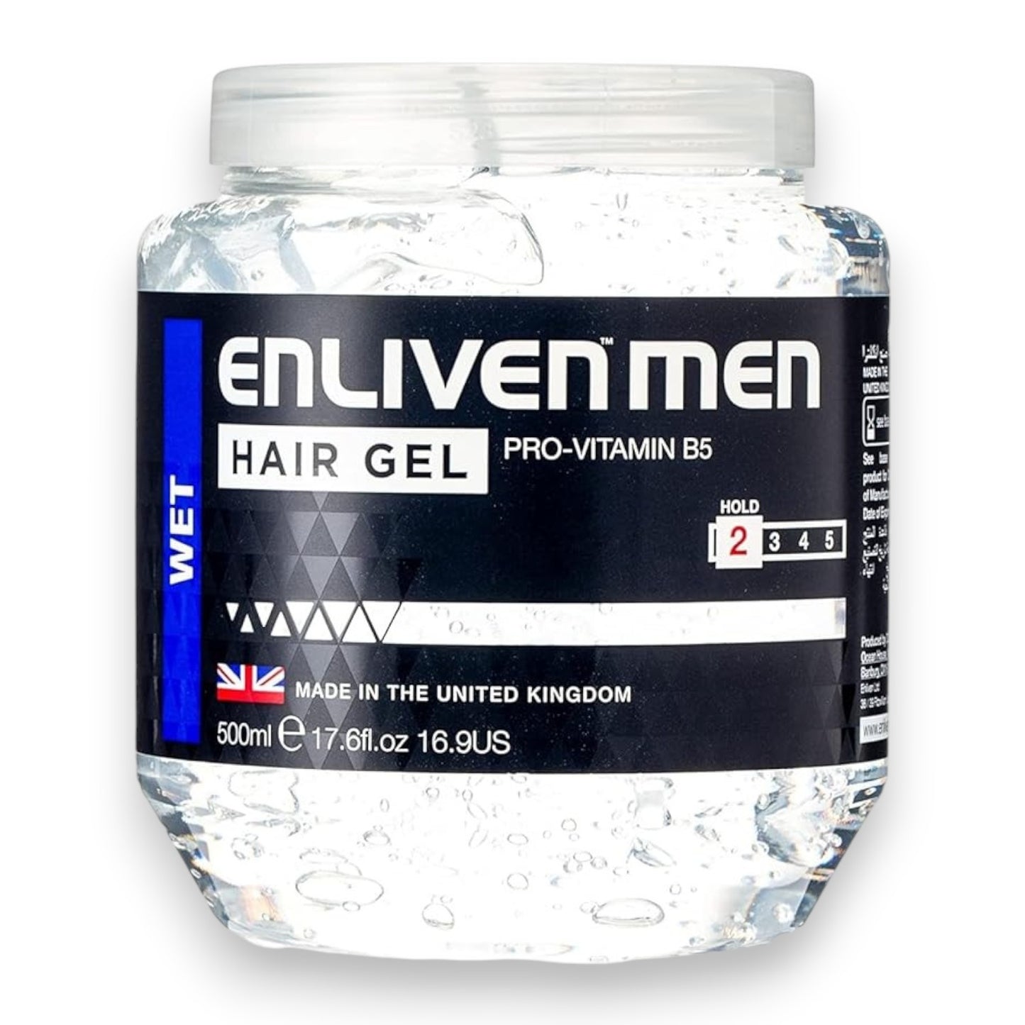 Said Salem Enliven Men Wet Look hair gel in a 500ml clear tub with black label and Pro-Vitamin B5 formula.