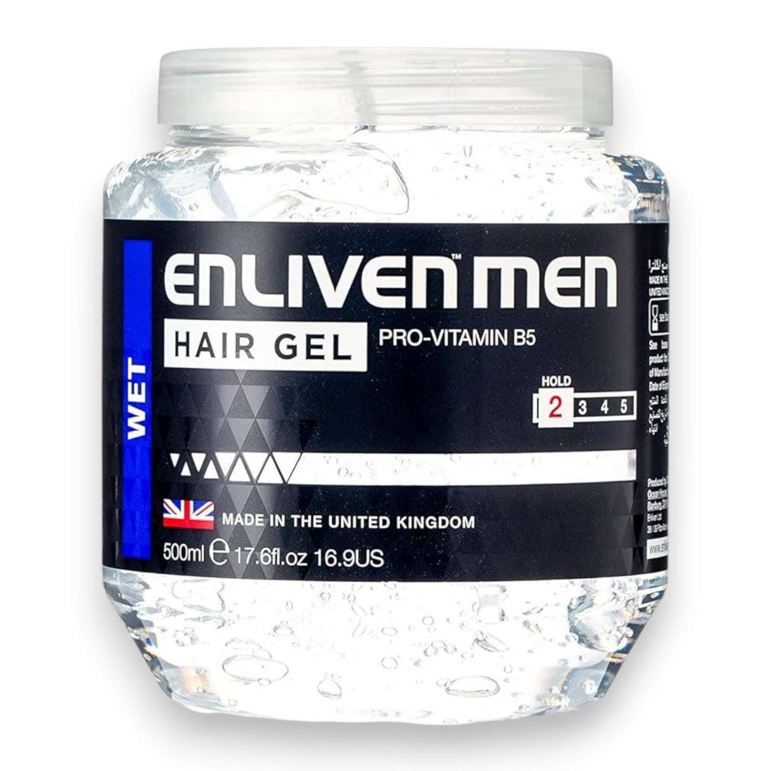 Said Salem Enliven Men Wet Look hair gel in a 500ml clear tub with black label and Pro-Vitamin B5 formula.