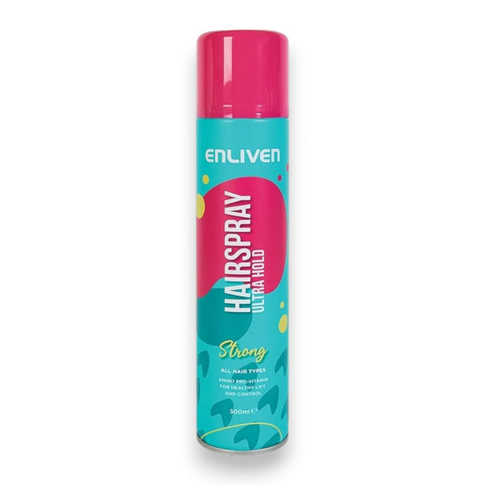 Said Salem Enliven Pro V ultra hold hair spray in a 300ml turquoise and pink aerosol can for all hair types.