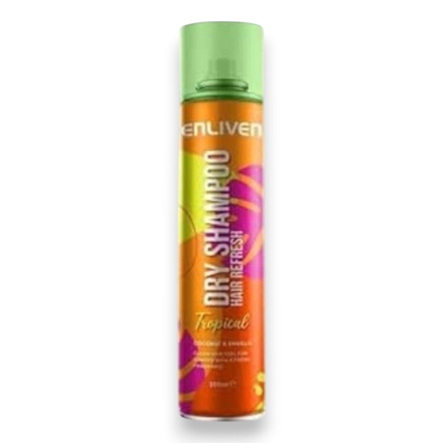 Said Salem Enliven Tropical dry shampoo spray bottle with a vibrant orange and green design for hair refreshment.
