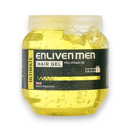 Said Salem Enliven Men ultimate hair gel with pro-vitamin B5 in a 250ml clear jar with yellow styling gel