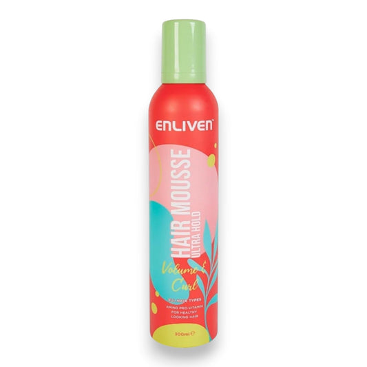 Said Salem Enliven Ultra Hold Hair Mousse in a 300ml red bottle with green cap for volume and curl definition.