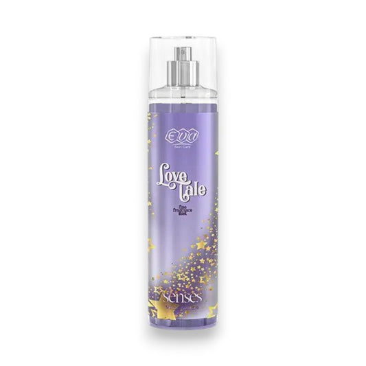 Said Salem Eva Skin Care Senses Love Tale body mist in a purple bottle with gold star accents and a clear cap.