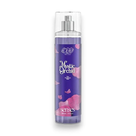Said Salem Eva Skin Care Senses Mystic Orchid body mist in a 240ml purple spray bottle with floral petal graphics.