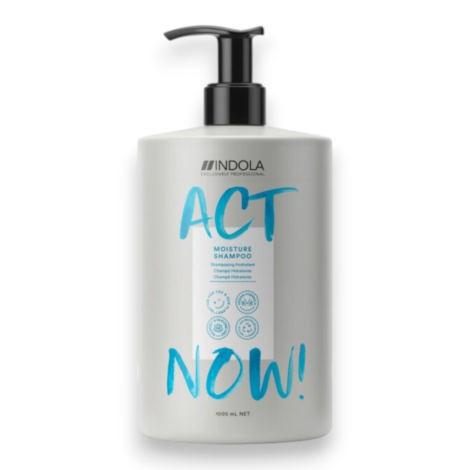 Said Salem Indola Act Now Moisture Shampoo in a 1000ml bottle with a pump, featuring aloe vera for dry hair.