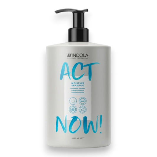 Said Salem Indola Act Now Moisture Shampoo in a 1000ml bottle with a pump, featuring aloe vera for dry hair.