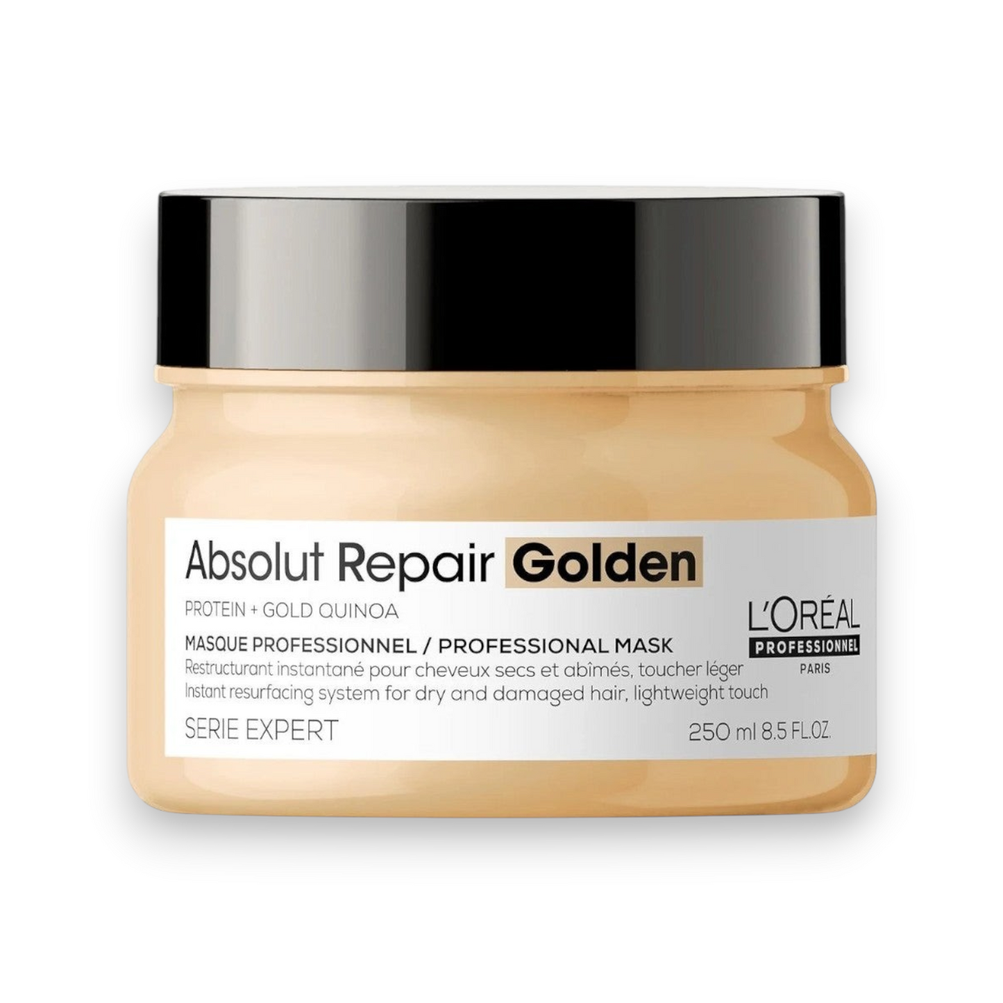 Said Salem L'Oréal Professionnel Absolut Repair Golden Mask for damaged hair in a 250ml jar with gold quinoa protein.