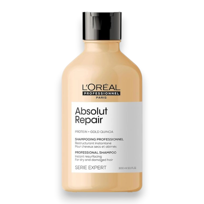 Said Salem L'Oréal Professionnel Absolut Repair shampoo bottle for damaged hair with gold quinoa and protein