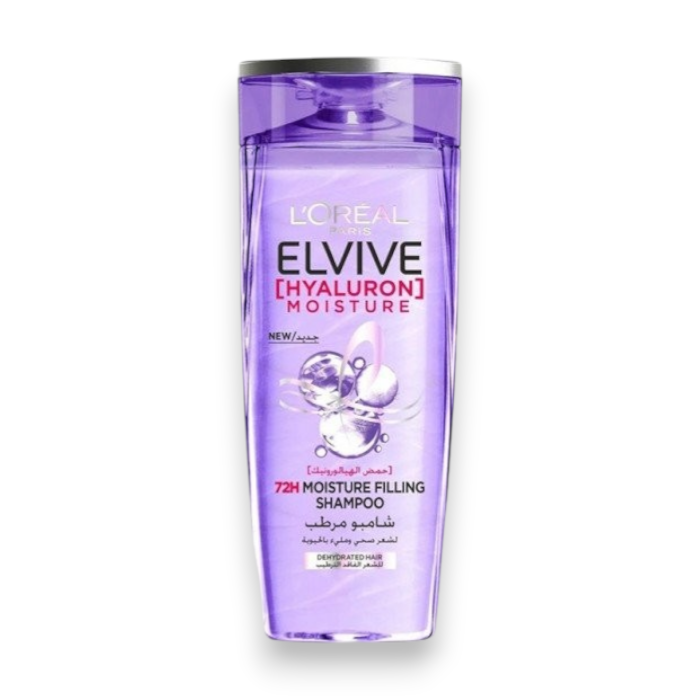 Said Salem L'Oréal Paris Elvive Hyaluron Moisture hydrating shampoo in a purple 600ml bottle for dry hair.