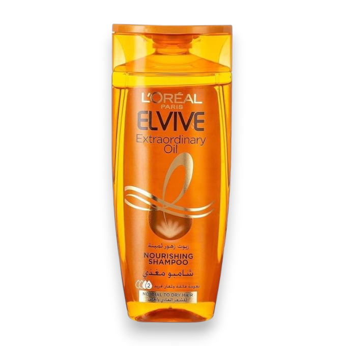 Said Salem L'Oreal Elvive Extraordinary Oil nourishing shampoo bottle for dry hair in a transparent amber container.