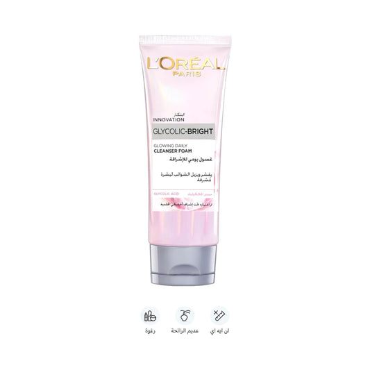 Said Salem L'Oréal Hyaluron Expert Glycolic-Bright glowing daily cleanser foam in a pink tube.